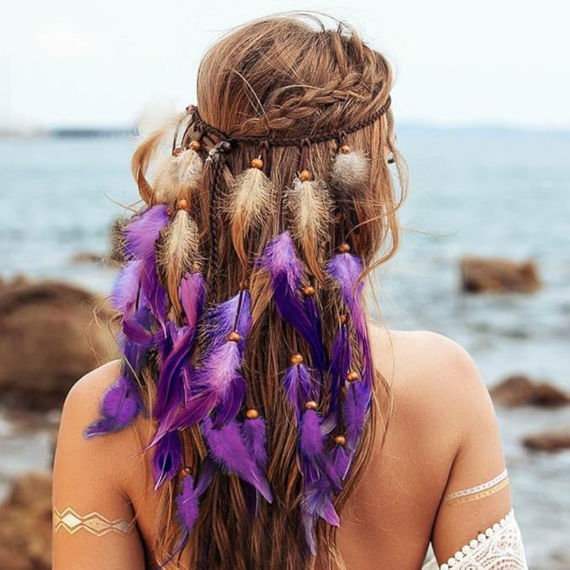 ZEBAN Boho Feather Headband Hippie Headbands Gypsy Headpiece Headwear Hair Accessories for Women (Purple, One Size) image number 2
