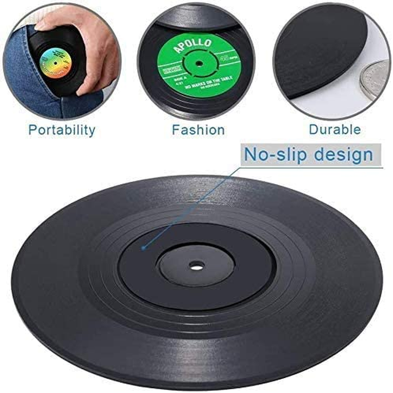 Cute Retro Music Coasters, 6Pcs Vinyl Record Cup Mat Retro Disk Drink Coaster for Music Lovers, Vinyl Record Style Drinking Coasters with Player Holder, 4.3Inch image number 1