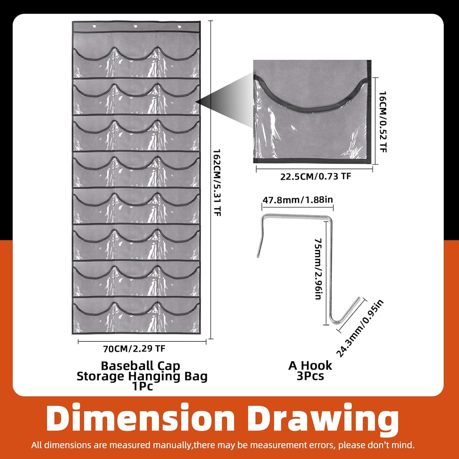 Tanstic 4-Pcs Gray Hat Rack with 24 Pockets and Hooks, Baseball Cap Organizer over the Door Cap Holder Stand Hanger for Home Closet Store Display image number 1