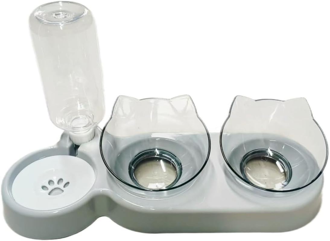 3-In-1 Cat Feeding Bowl Set, Double Bowl with Water Dispenser, Feeding Bowl for Cats and Small Dogs (Grey Base, Transparent Bowl) image number 4