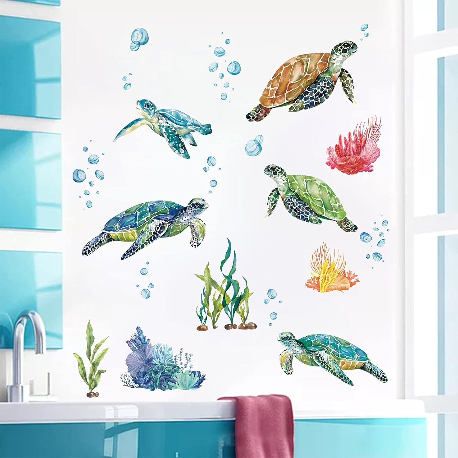 Decalmile Sea Turtles Wall Stickers under the Sea Coral Seaweed Wall Decals Bedroom Bathroom Baby Nursery Wall Decor image number 4