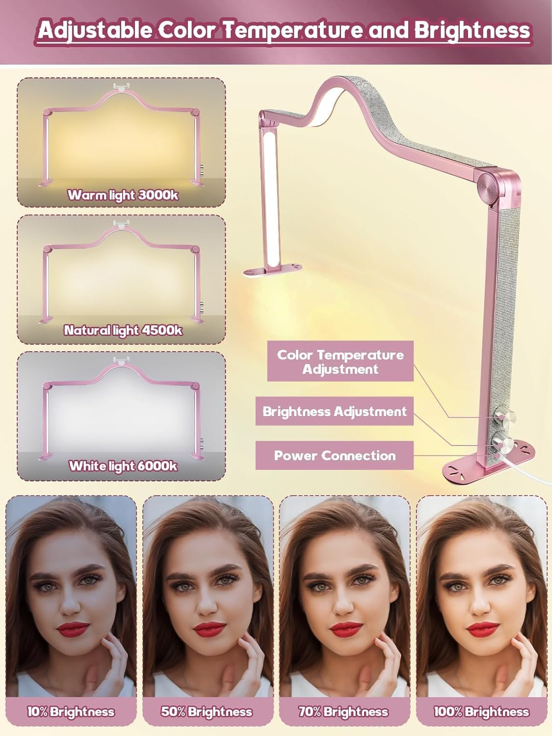 Kalolary Half Moon Light for Nail Desk, Foldable Arch Light Nail Techs Lamp with Phone Holder, 3000-6000K Brightness Adjustable LED Lash Lamp for Beauty Eyelashes Tattoos Rose Gold image number 5