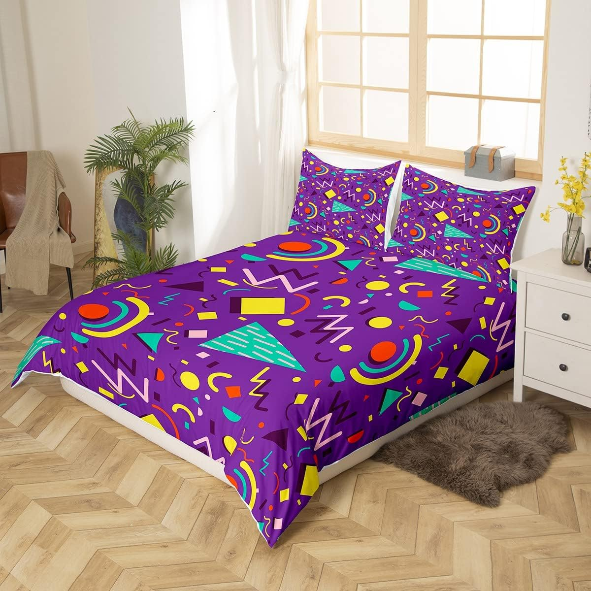Memphis Duvet Cover Hipster Retro Bedding Set, 80S and 90S Hip Hop Funky Comforter Cover Colourful Pop Art Inspired Pattern 135 X 200 Cm Bed, Watercolour Memphis Geometric 80S Bedroom Decor image number 5