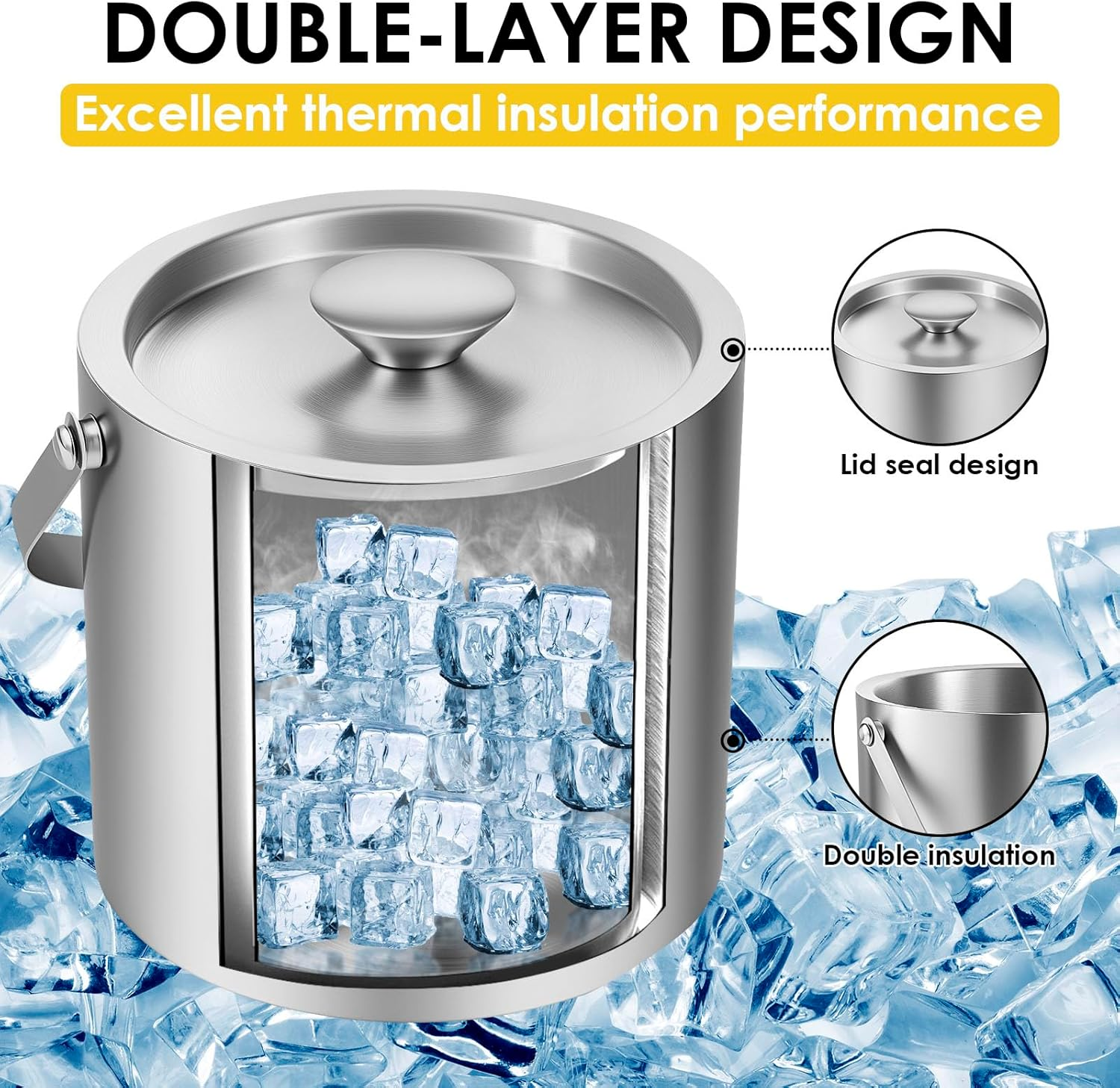 3L Ice Bucket with Leakproof Lid Double Walled Stainless Steel Insulated Ice Bucket with Scoop Beverage Cooler Container Wine Chilling Tub for Cocktail Bar Party image number 3