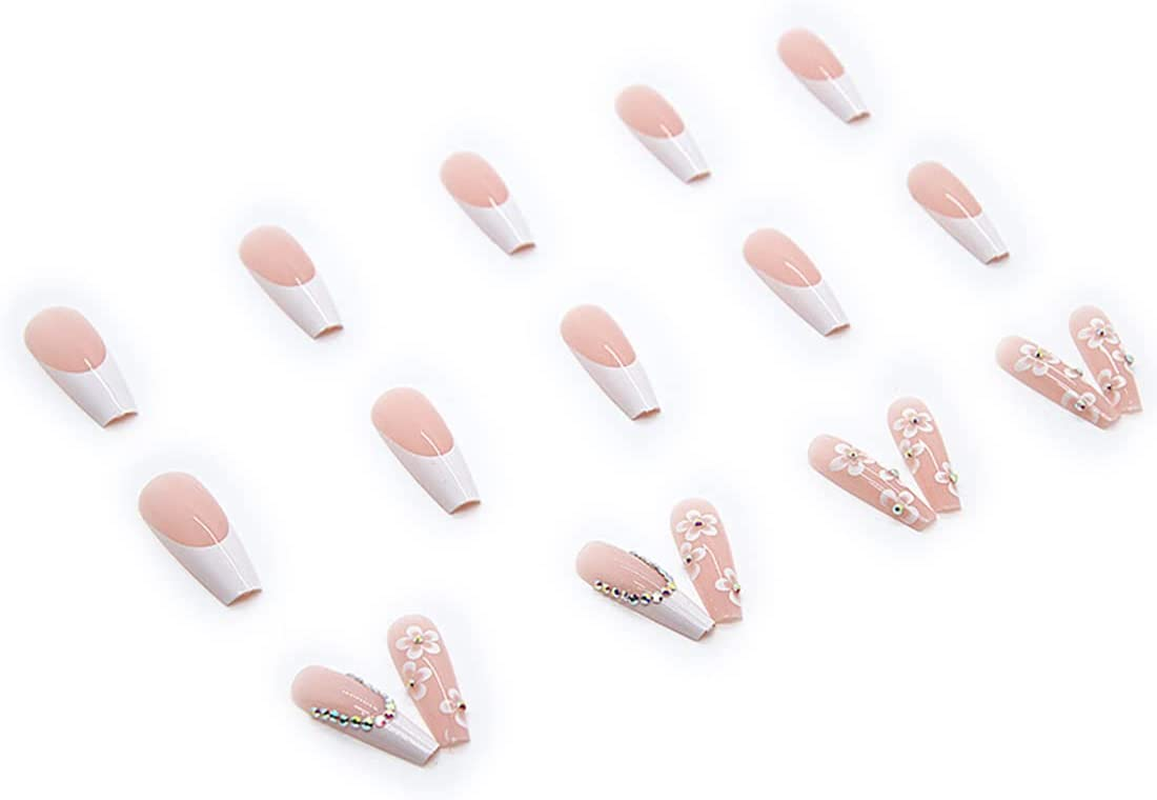 French White Press on Nails - 24 PCS Flower Fake Nails Long Coffin False Nails with Rhinestones Designs Stick on Nails for Women Girls Party Salon image number 2