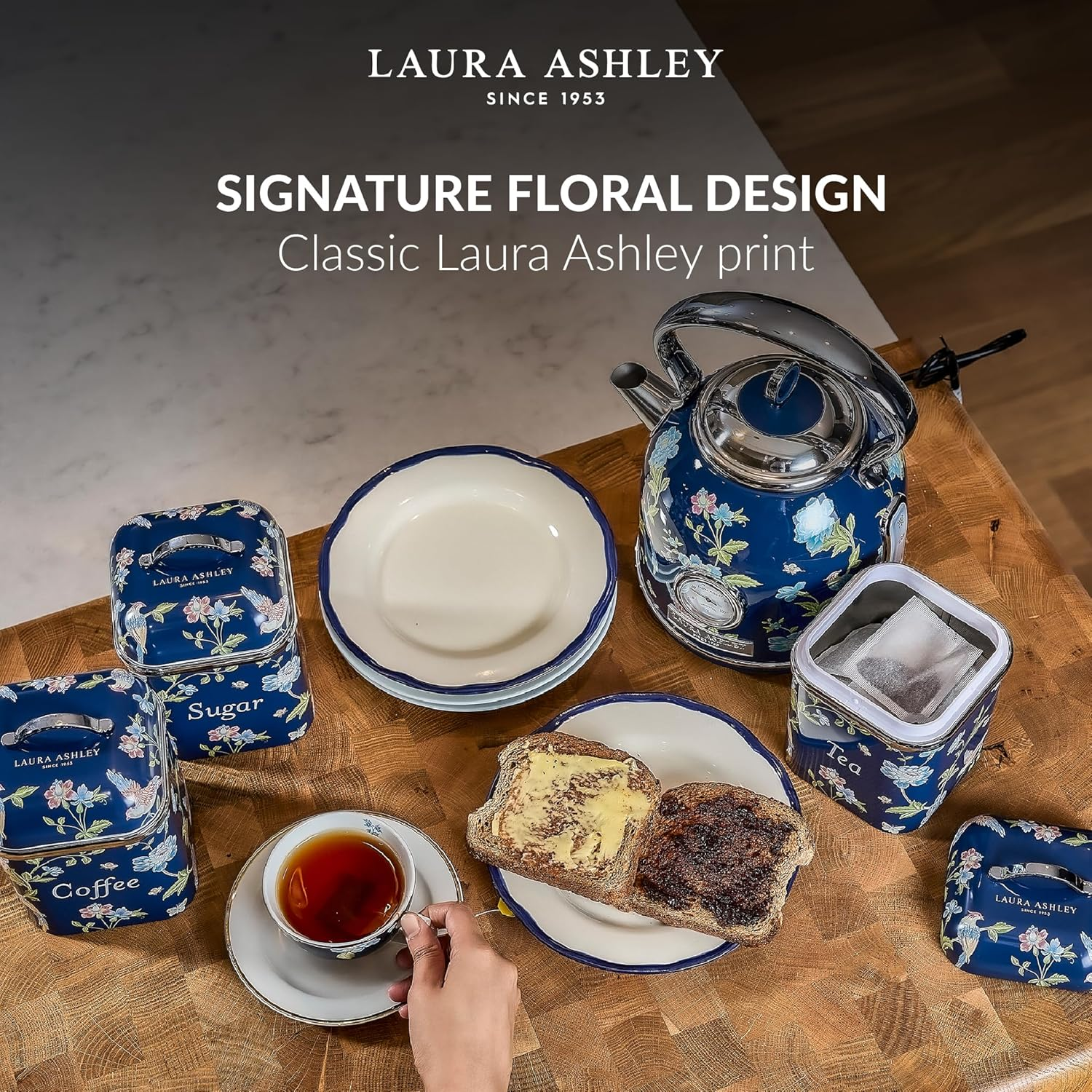 Laura Ashley Tea Coffee Sugar Canisters Set of 3 by VQ - Easy to Clean Stainless Steel Containers with Lid - Stylish Printed Kitchen Storage & Organisation Containers - Elveden Navy image number 6