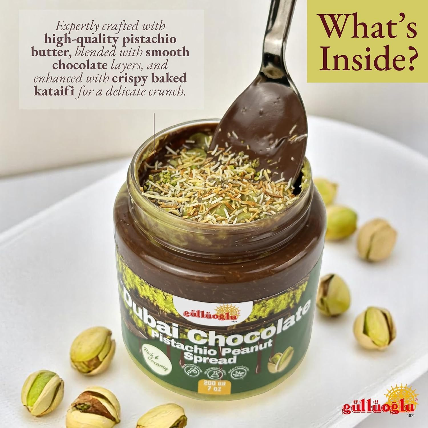 Gulluoglu Dubai Chocolate Pistachio Peanut Spread &ndash; Rich & Creamy Middle Eastern Chocolate Paste with Roasted Pistachios & Peanuts, 7 Oz (200G) Jar &ndash; Gourmet Halal Dessert image number 5