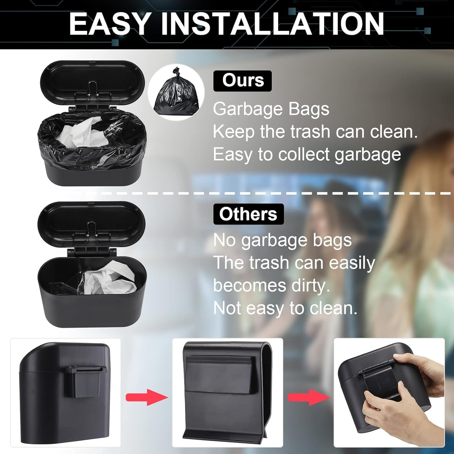 Car Trash Can with Lid, Hanging Mini Vehicle Trash Bin with 105 Car Trash Bags and 2 Car Hooks, Car Dustbin Garbage Organizer, Automotive Garbage Can Bin Trash Container for Auto Cars, Home, Office image number 4