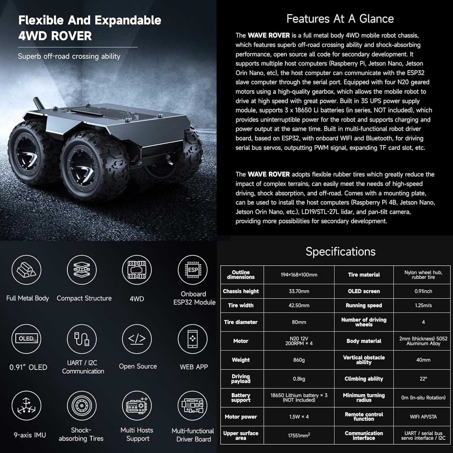 Waveshare Wave Rover Flexible and Expandable 4WD Mobile Robot Chassis, Full Metal Body, Multiple Hosts Support, with Onboard ESP32 Module image number 6