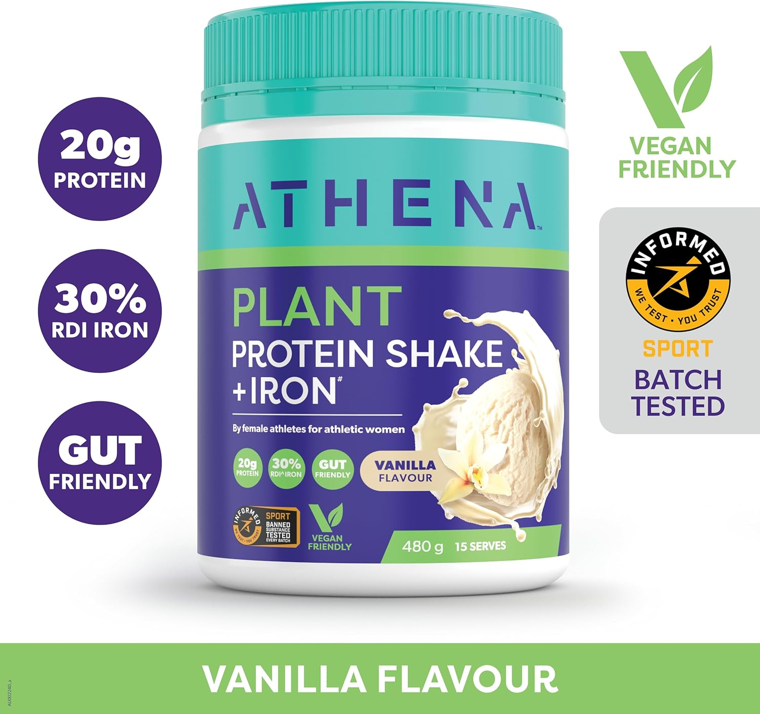 Athena Vanilla Plant-Based Protein Shake with Iron 480G &ndash; Nutrient-Rich Formula for Muscle & Energy image number 3