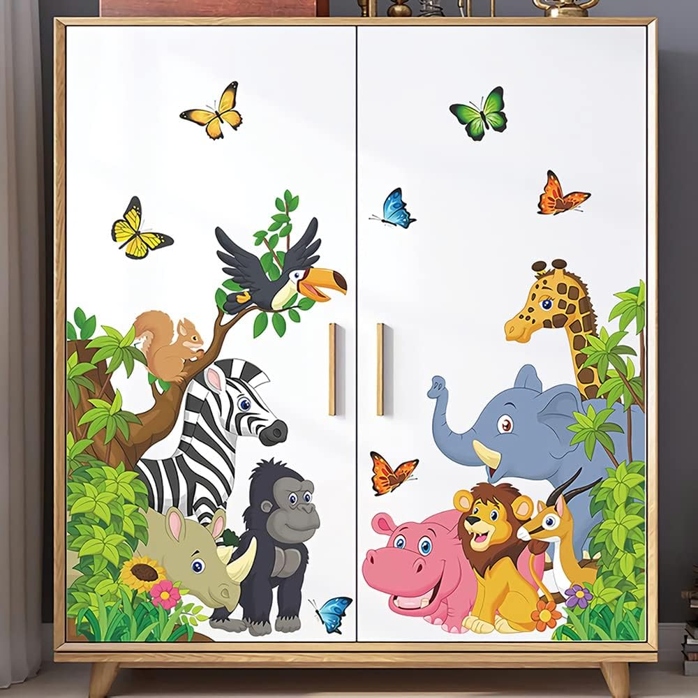 Supzone Cartoon Animal Wall Decal Jungle Animals Wall Stickers Elephant Lion Zebra Butterfly Wall Decor for Kids Baby DIY Vinyl Mural Art for Nursery Bedroom Living Room Playroom image number 4