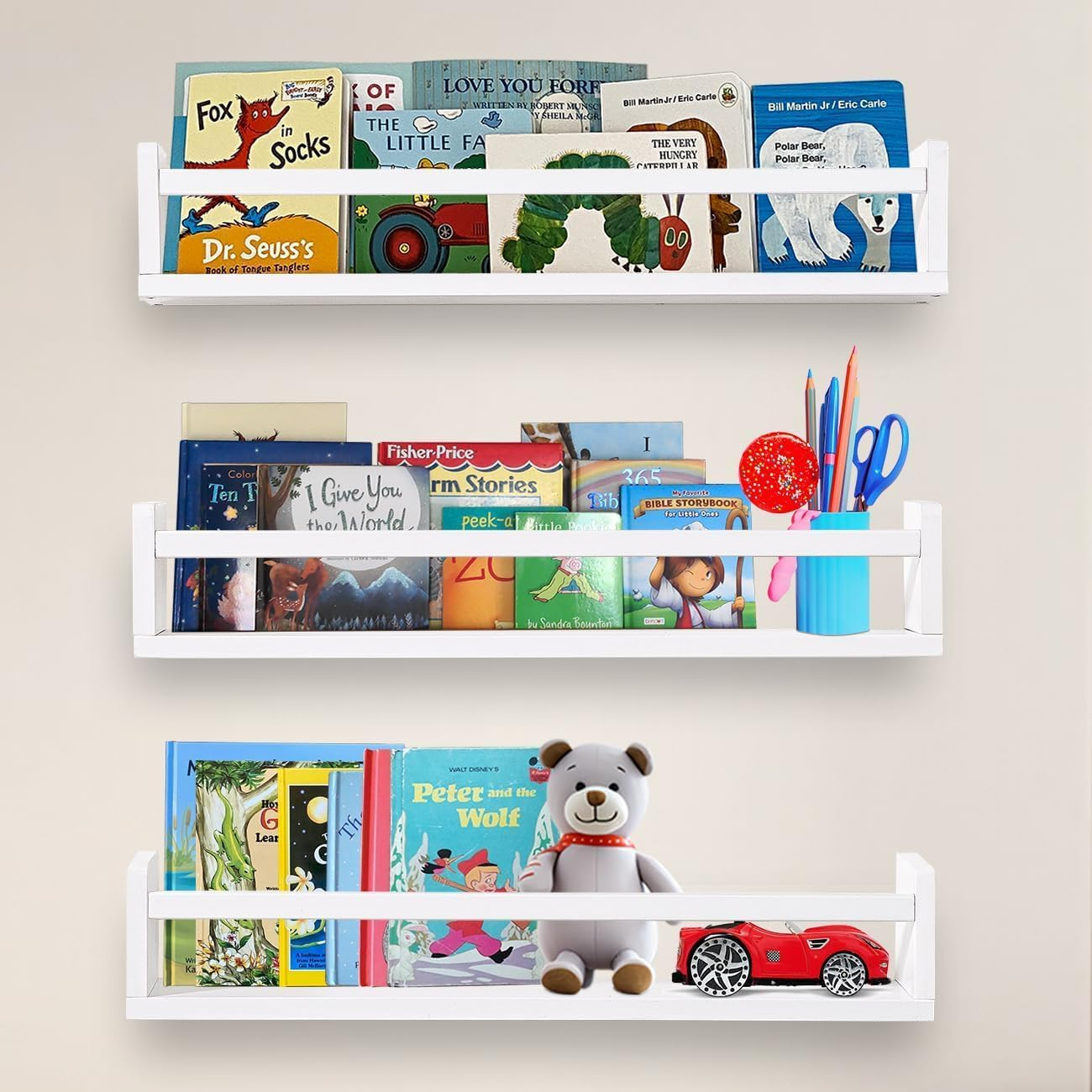 Wall Bookshelf for Bedroom Set of 4, White Floating Book Shelves for Wall, Wood Book Shelf Wall Mounted, Wall Mount Bookshelves and Toy Storage image number 1