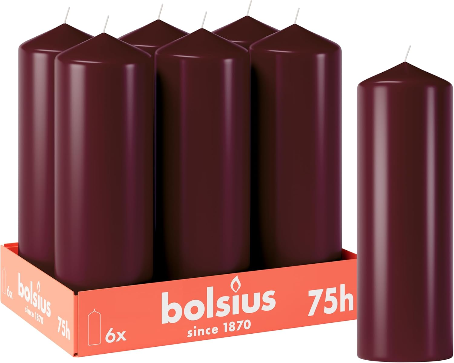 Bolsius Smooth Pillar Candles - Bordeaux Red - Pack of 6-20 X 7 Cm - Decorative Household Candles - Burn Time 75 Hours - Unscented - Contains Natural Plant Wax - without Palm Oil image number 1