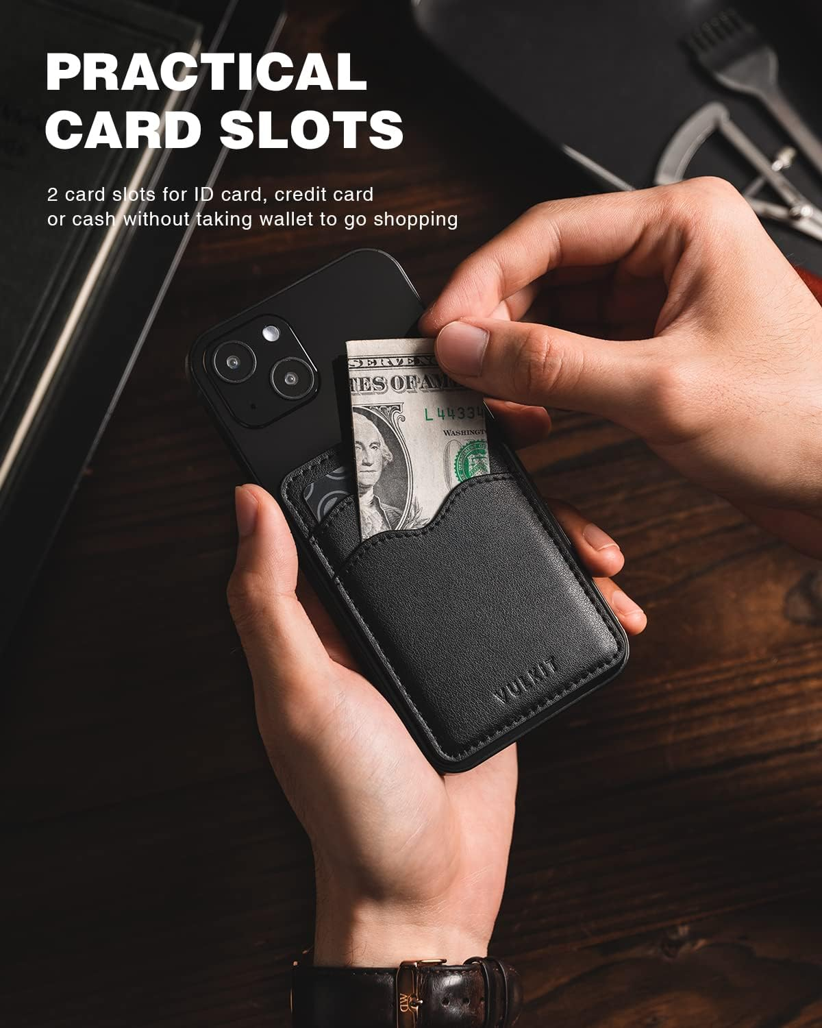 VULKIT Stick on Card Holder Compatible for Iphone Leather Cell Phone Wallet Credit Card Case Strong Sticker for Women (Black) - Blue Bloom image number 6