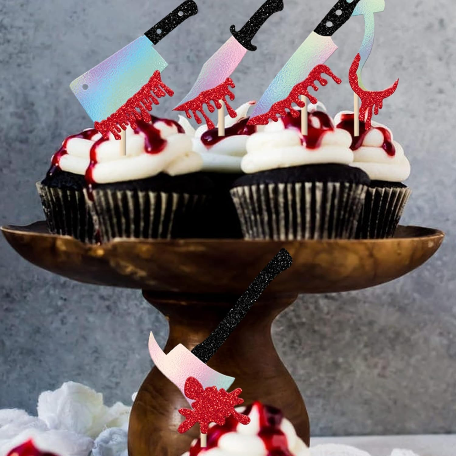 SYKYCTCY 30 Pack Halloween Knife Cupcake Toppers Glitter Scary Bloody Knife Cupcake Picks Killer Birthday Cake Decorations for Happy Halloween Theme Baby Shower Party Supplies (#1) image number 2