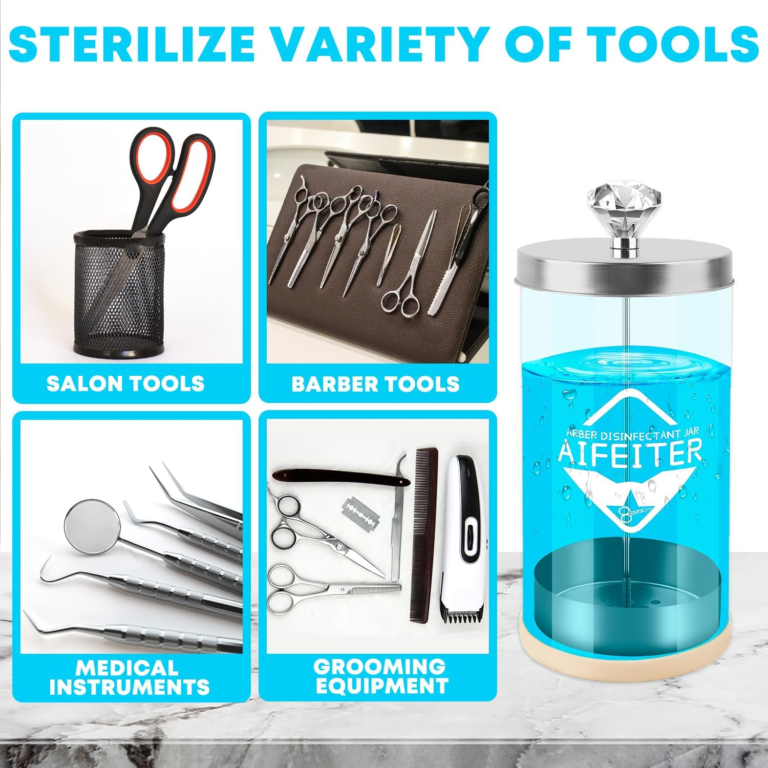 Barber Disinfectant Jar (30 Oz) with Stainless Steel Tray and Removable Basket - Sterilizing Container for Salon or Nail Spa Tools image number 6