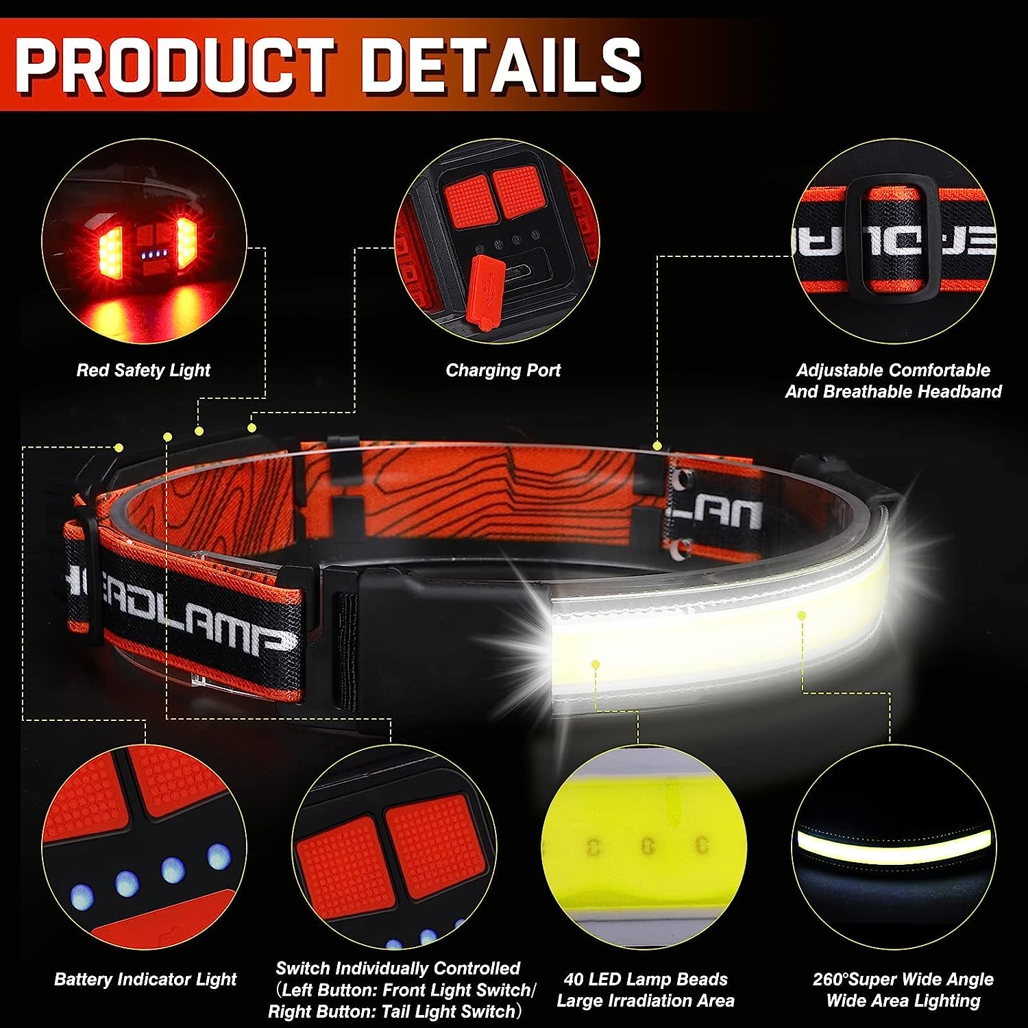 Rechargeable Headlamp,Super Bright 1500 Lumens 6 Modes Head Lamp Led Rechargeable with Tail Red Light,Wide Beam Led Headlamp Waterproof for Adults Outdoor Camping Hiking Hunting Accessories image number 6