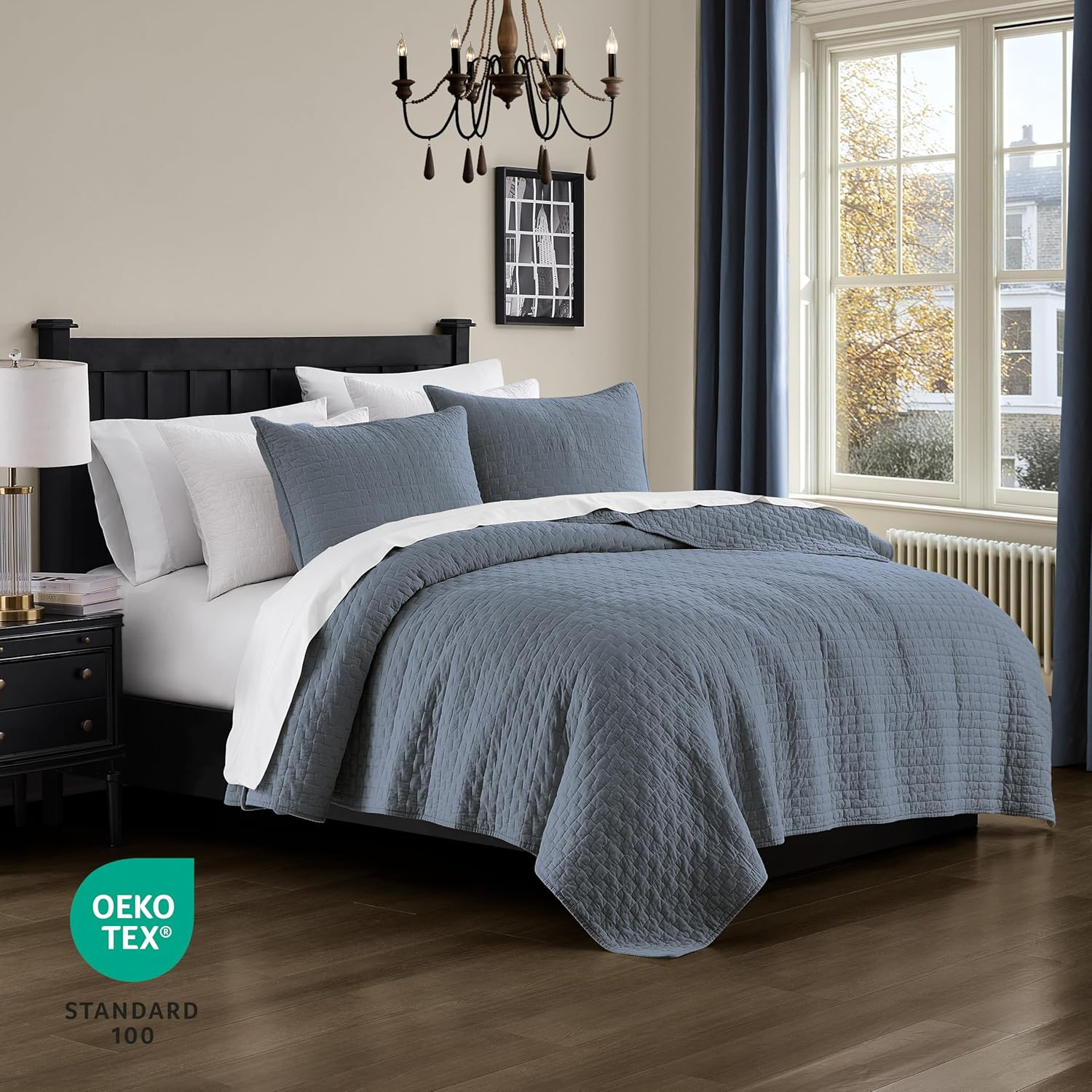 Palassio Blue Grey 100% Cotton Quilt California Cal King Size Bedding Sets with 2 Pillow Shams, Oversized Lightweight Bedspread Shabby Chic Coverlet, Soft Bed Cover for All Season, 3 Pieces image number 2