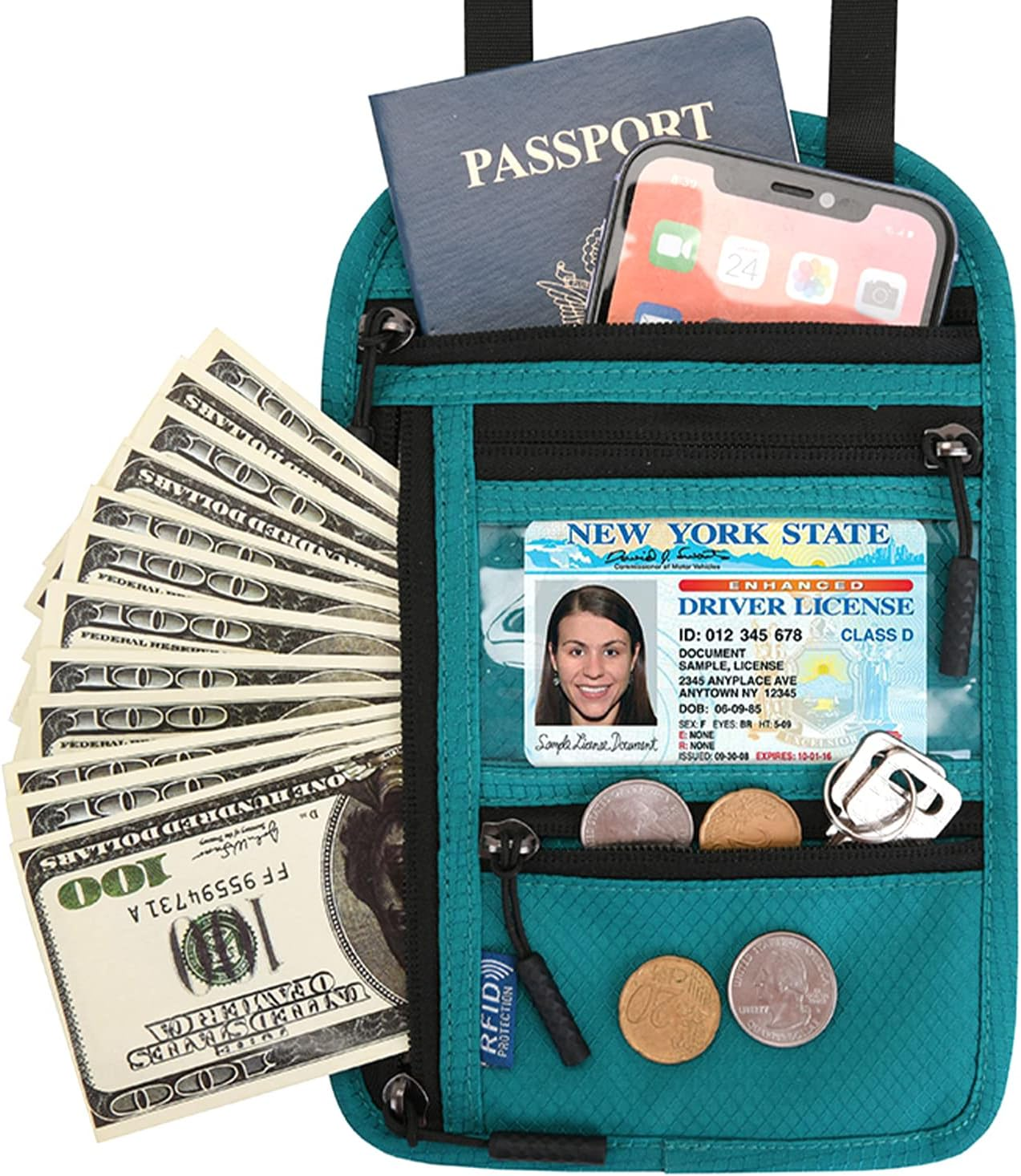 Surblue RFID Blocking Neck Wallet Travel Passport Holder Neck Pouch Vaccination Card Holder for Women and Men, Blue - Black image number 4