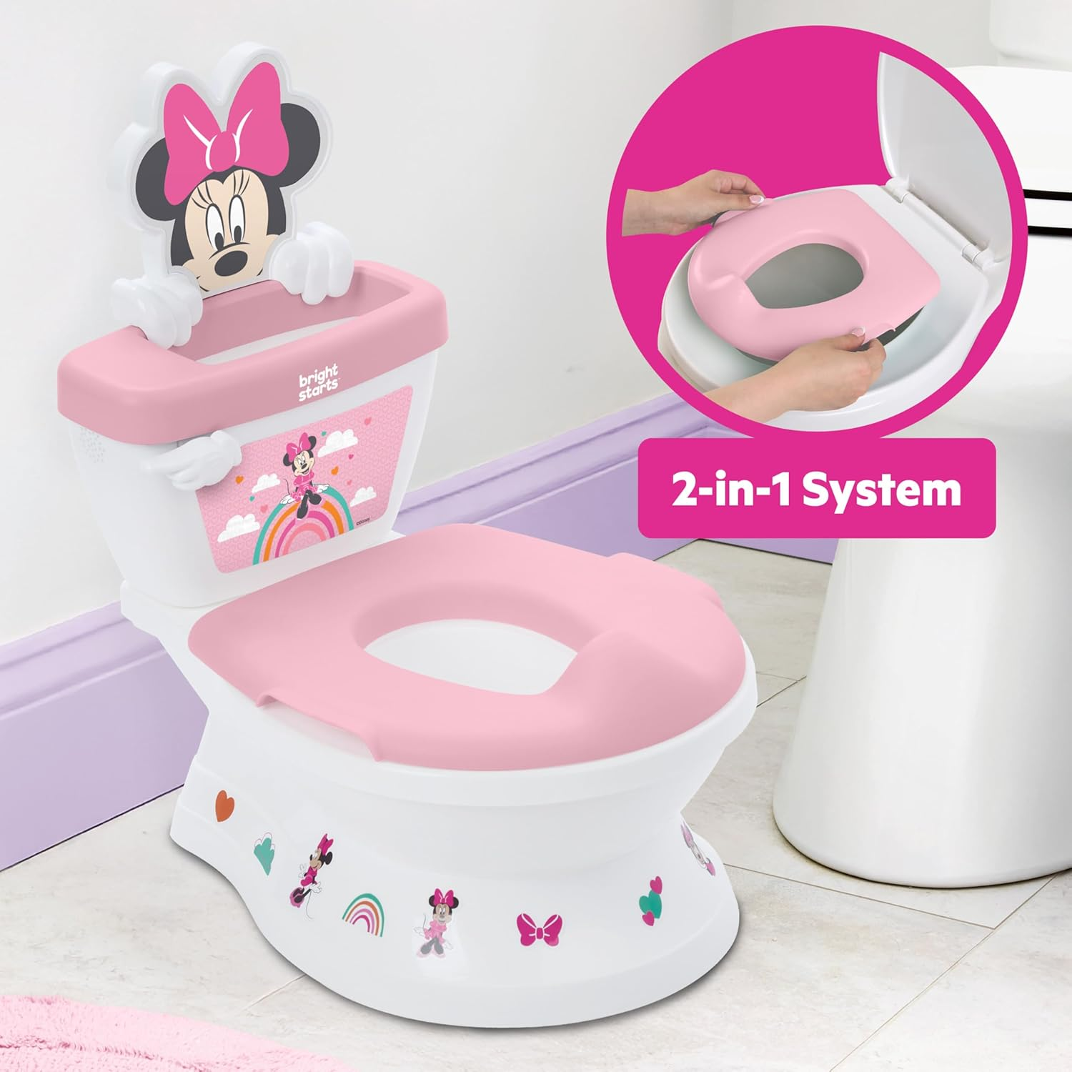Disney Baby Minnie Mouse My Size Potty 2-In-1 System, Lifelike Flushing Sounds and Cheers, for Ages 18 Months, up to 50 Pounds, Pink image number 4
