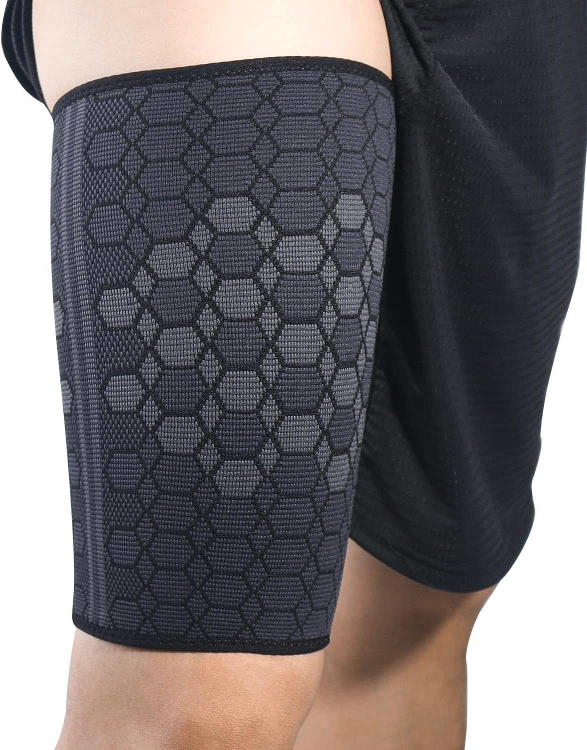 Thigh Compression Support Sleeve (2 per Pack), Breathable with Adjustable Non-Slip Strap for Hamstring and Quadricep Muscle Injury and Strain Recovery. Suitable for Men and Women, Black (L) image number 1
