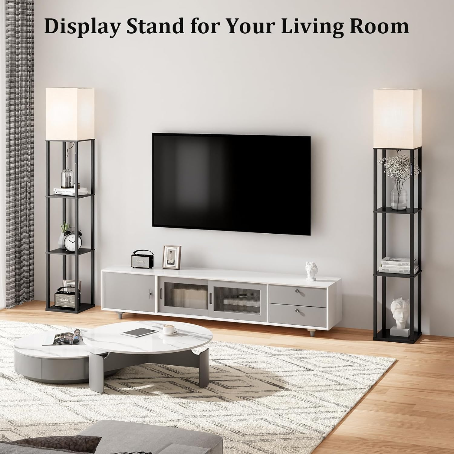 WAMBORY Floor Lamp with Shelves,Modern Square Standing Lamp with 3 Color Temperature Bulb, Corner Display Shelf Floor Lamp with White Linen Shade for Living Room, Bedroom, Office image number 3