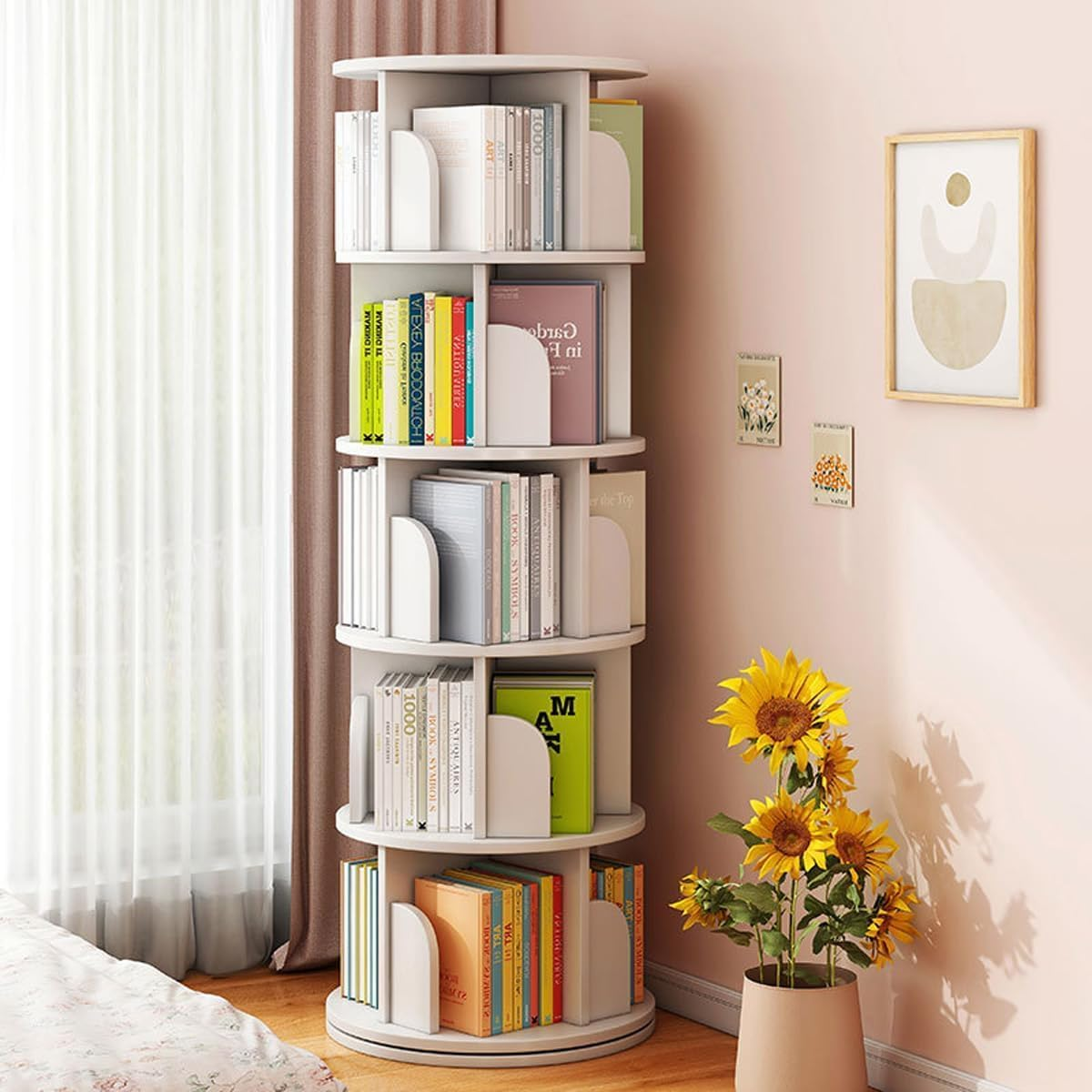 Lehom 5 Tier Rotating Bookshelf, 360&deg; round Spinning Bookcase, Floor Standing Revolving Book Shelf Tower, 160Cm Tall Circle Swivel Bookcase for Small Space, Bedroom, Study Room, White image number 5
