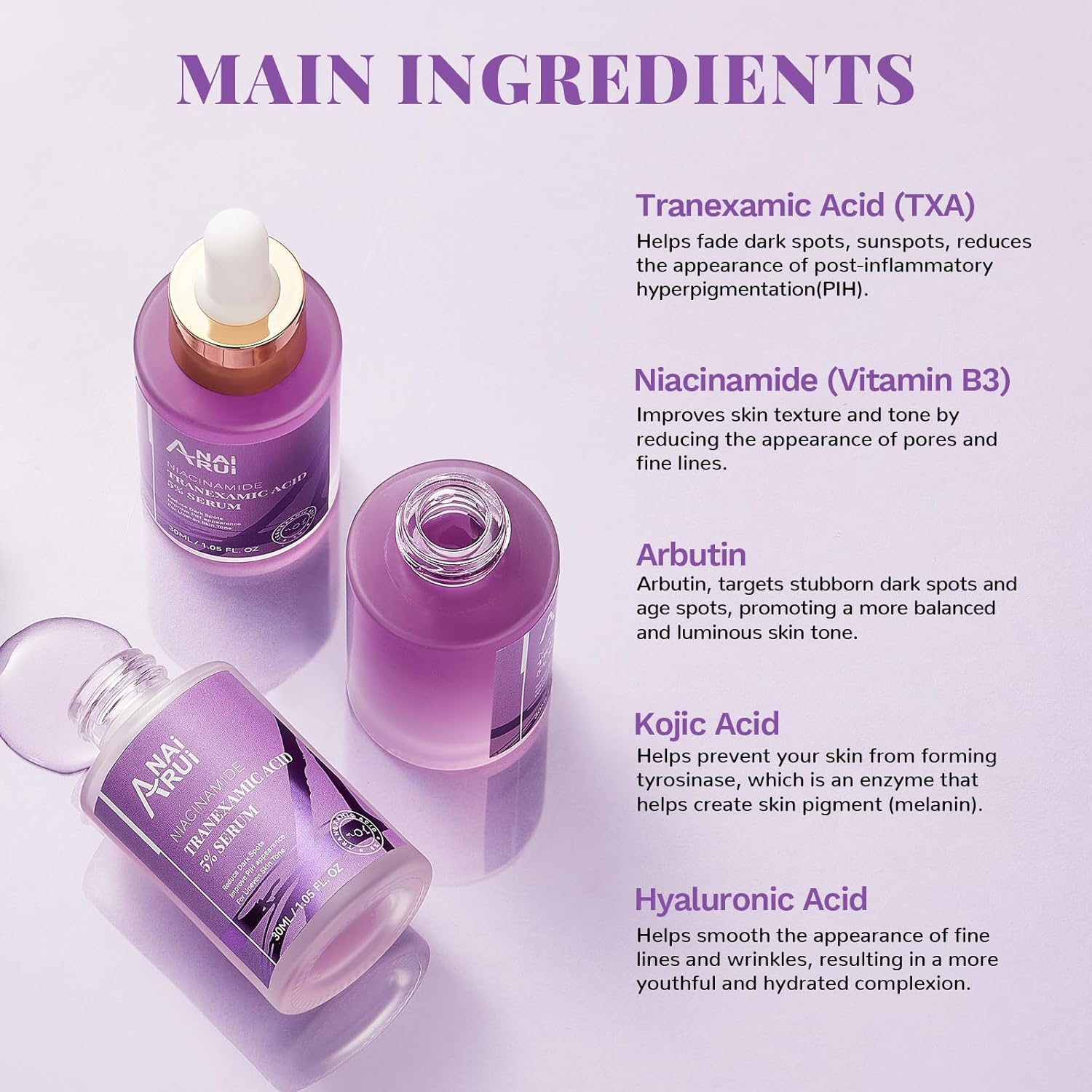 ANAI RUI 5% Tranexamic Acid Serum with Niacinamide, Kojic Acid, Arbutin, Reduce Dark Spot, PIH, for Uneven Skin Tone 1Fl.Oz