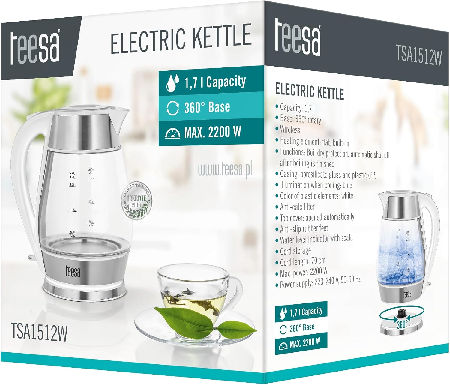 Teesa TSA1512W Wireless Kettle 1.7 L Glass Lighting in Working Time White image number 3