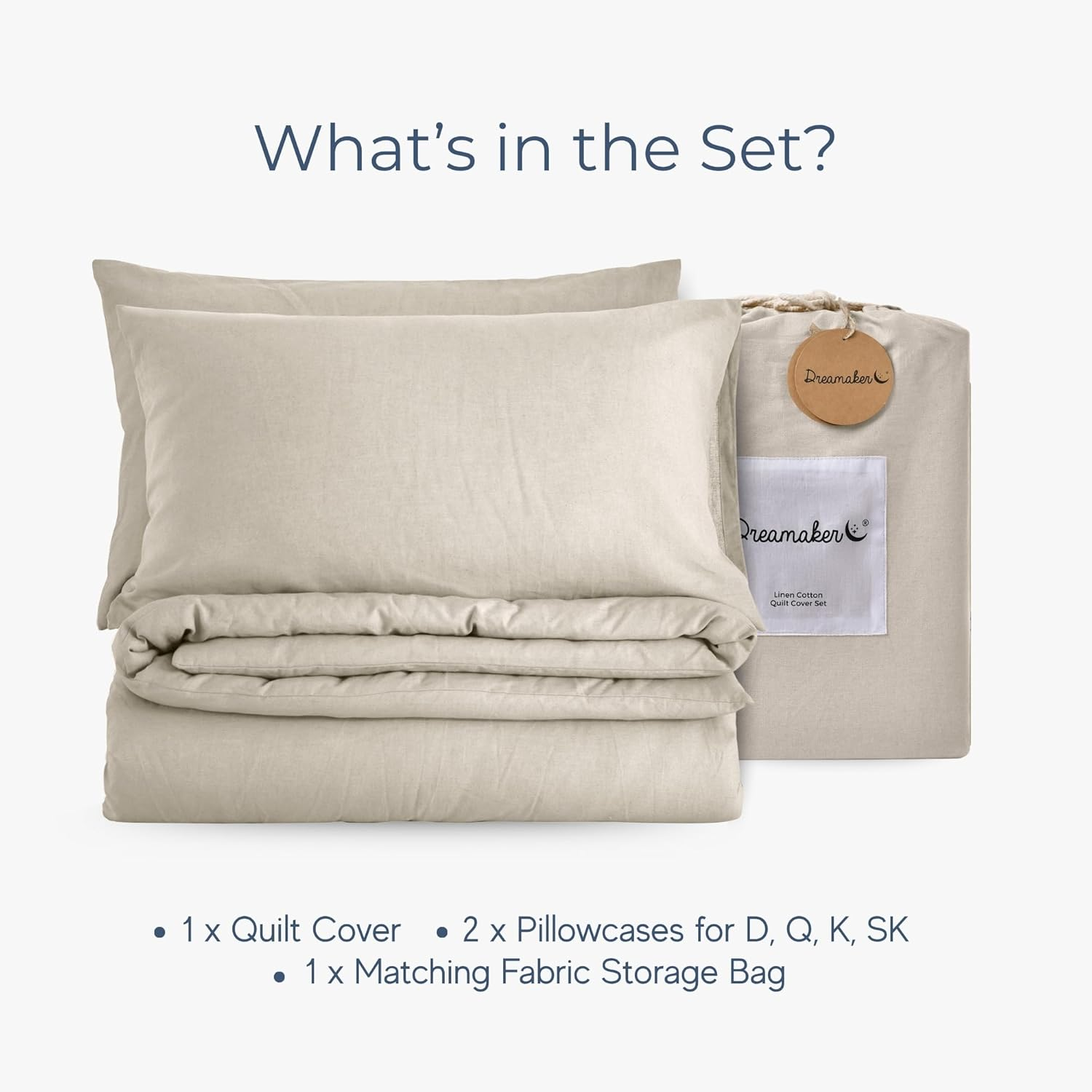 Dreamaker Linen Cotton Quilt Cover Set Super King Bed - Natural Fabric Durability Hypoallergenic Breathable Ultra Soft & Comfort Bedding Set All Season Doona Duvet Cover Set - Oatmeal (Super King) image number 6