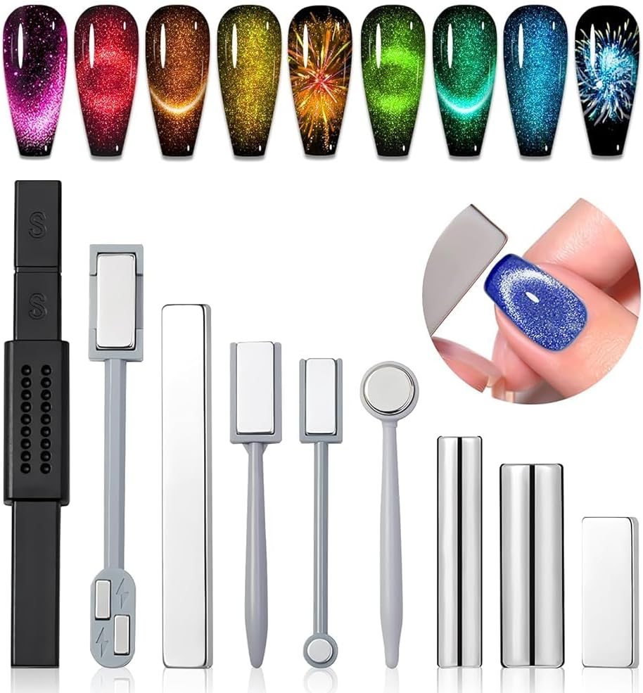 SAVILAND Cat Eye Magnetic for Nail: 9PCS Cat Eye Gel Nail Polish Magnet Tools Set Strong Suction Nail Magnet Nails Square round Magnet Stick Diverse Cat Eye Effect Double Ended Nail Salon Art Tools image number 3