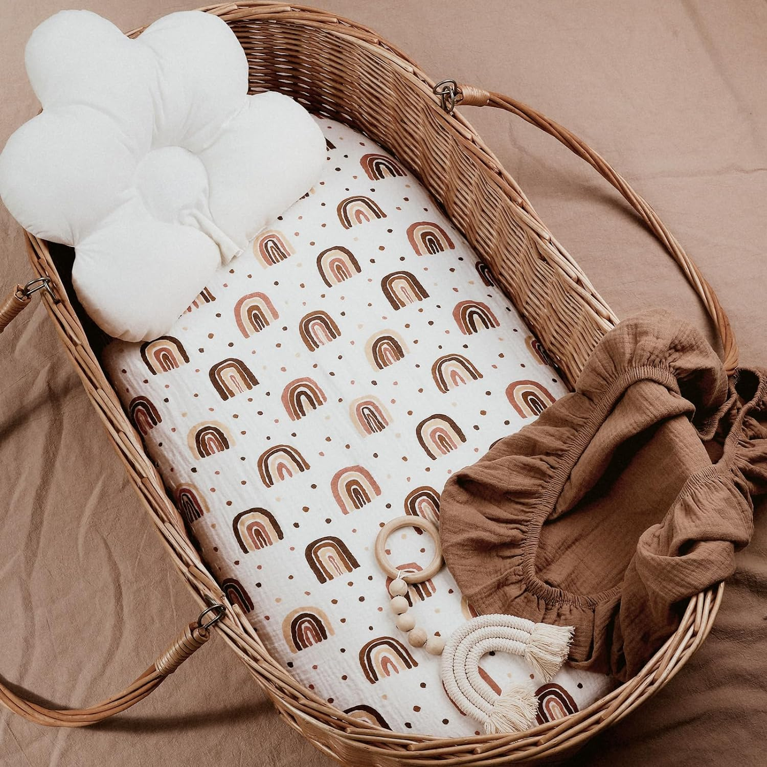 Muslin Bassinet Fitted Sheets, 2 Pack for Baby Boy and Girl, Soft Breathable Stretchy Baby Pad/Mattress Sheet Set, Universal Fit for Hourglass Oval and Rectangle Bassinet Mattress (Cute Rainbow) - Elegant Colors image number 5