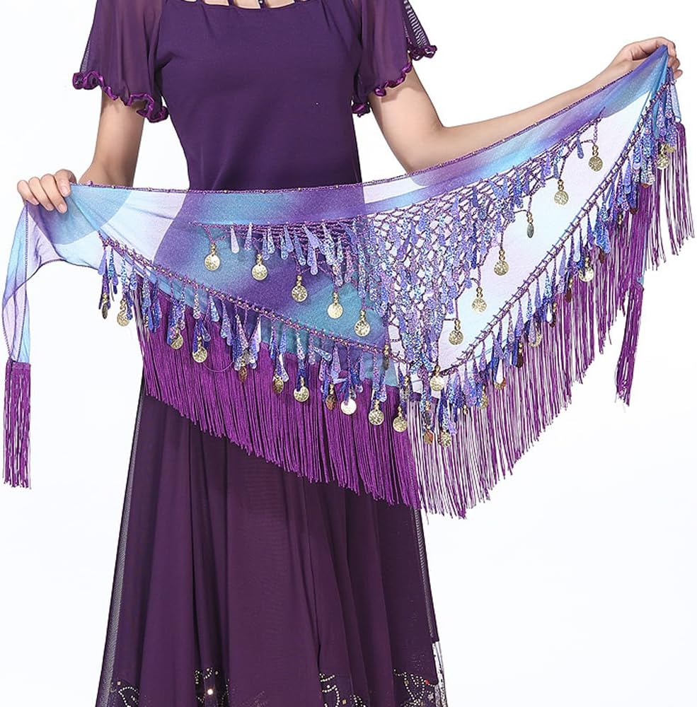 LZYMSZ Belly Dance Hip Scarfs,Girls/Women'S Wave Shape Skirts Wrap with Sequin,Purple Chiffon Tassel Skirt Waist Costume Belt for Festival Club Summer Beach Dance image number 2
