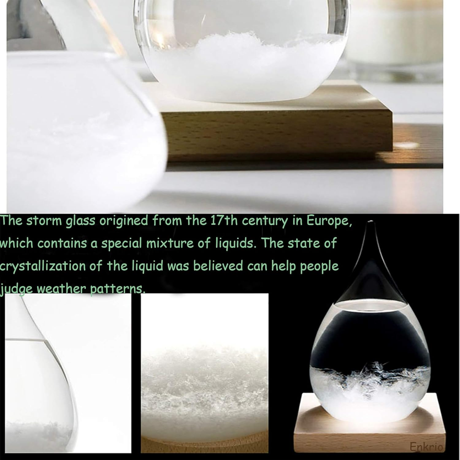 Enkrio Storm Glass Weather Predictor, Barometer Bottle with Wood Base for Home & Office Decoration - Weather Station (Medium)