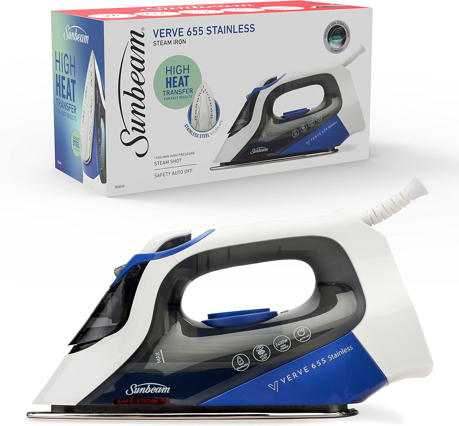 Sunbeam Verve Stainless Steam Iron | Durable Stainless Steel Soleplate, 150G/Min Steam Shot, 300Ml Tank, 2400W Fast Heat-Up, Safe Store Indicator, Auto-Off, Blue SRS6550 image number 5