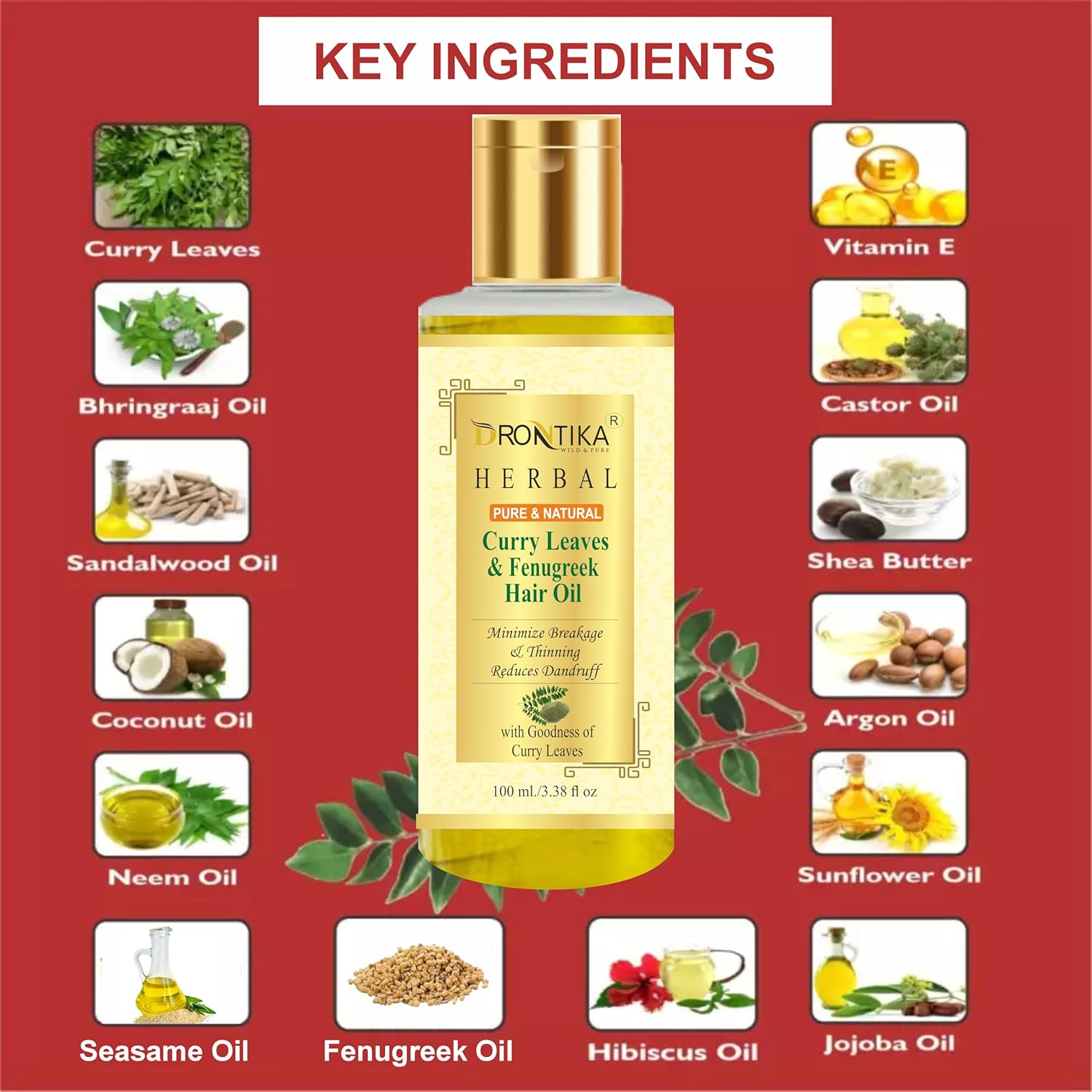Khadi Drontika Curry Leaves & Fenugreek Hair Oil for Hair Fall and Greying Control - with Vitamin E - 100Ml