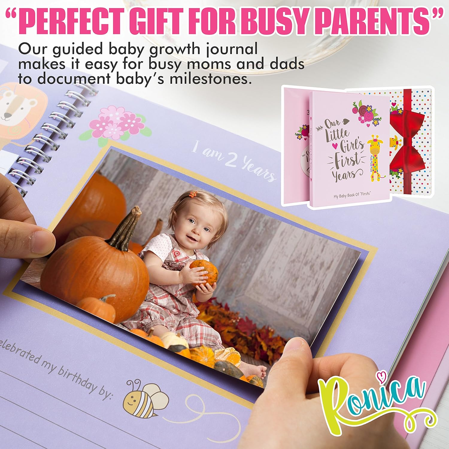 Ronica Baby Girl Gift Set with Baby Memory Book and Monthly Stickers Modern Photo Journal Keepsake Album for Girls First 5 Years Shower Gift Idea for Mom Dad or Grandparents