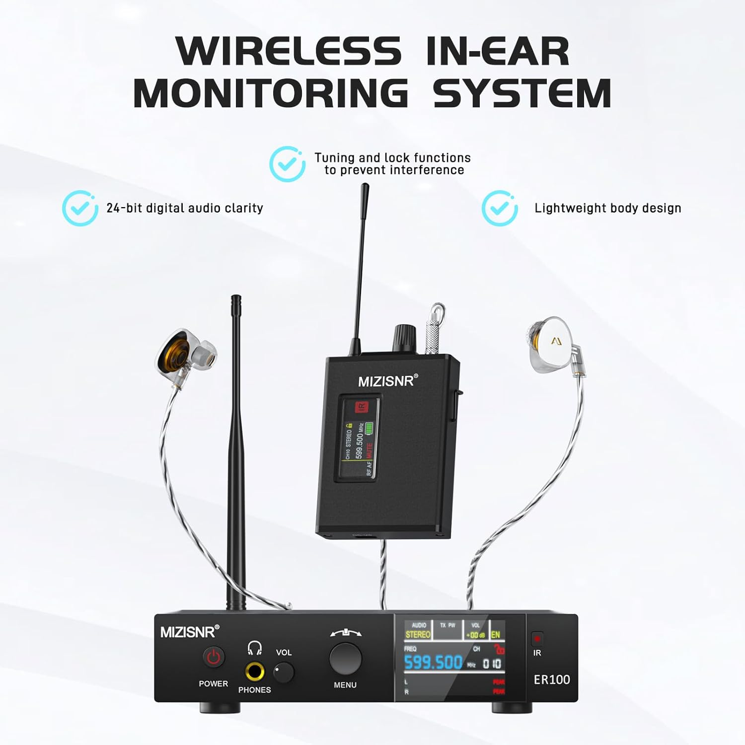MIZISNR Wireless in Ear Monitor System, Pro UHF Mono Stereo IEM System with Metal Transmitter, 1 Bodypack Receivers W/Monitor Earphones image number 6