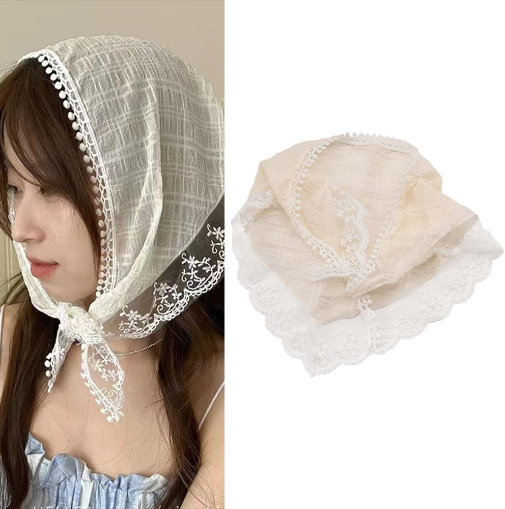 White Lace Bandana Hair Scarf Headwear French Headband Hairband for Women Girls Dog Triangular Head Wraps Head Covering Hair Bandanas Tie Hair Scarves Holiday Vacation Hair Accessories image number 1