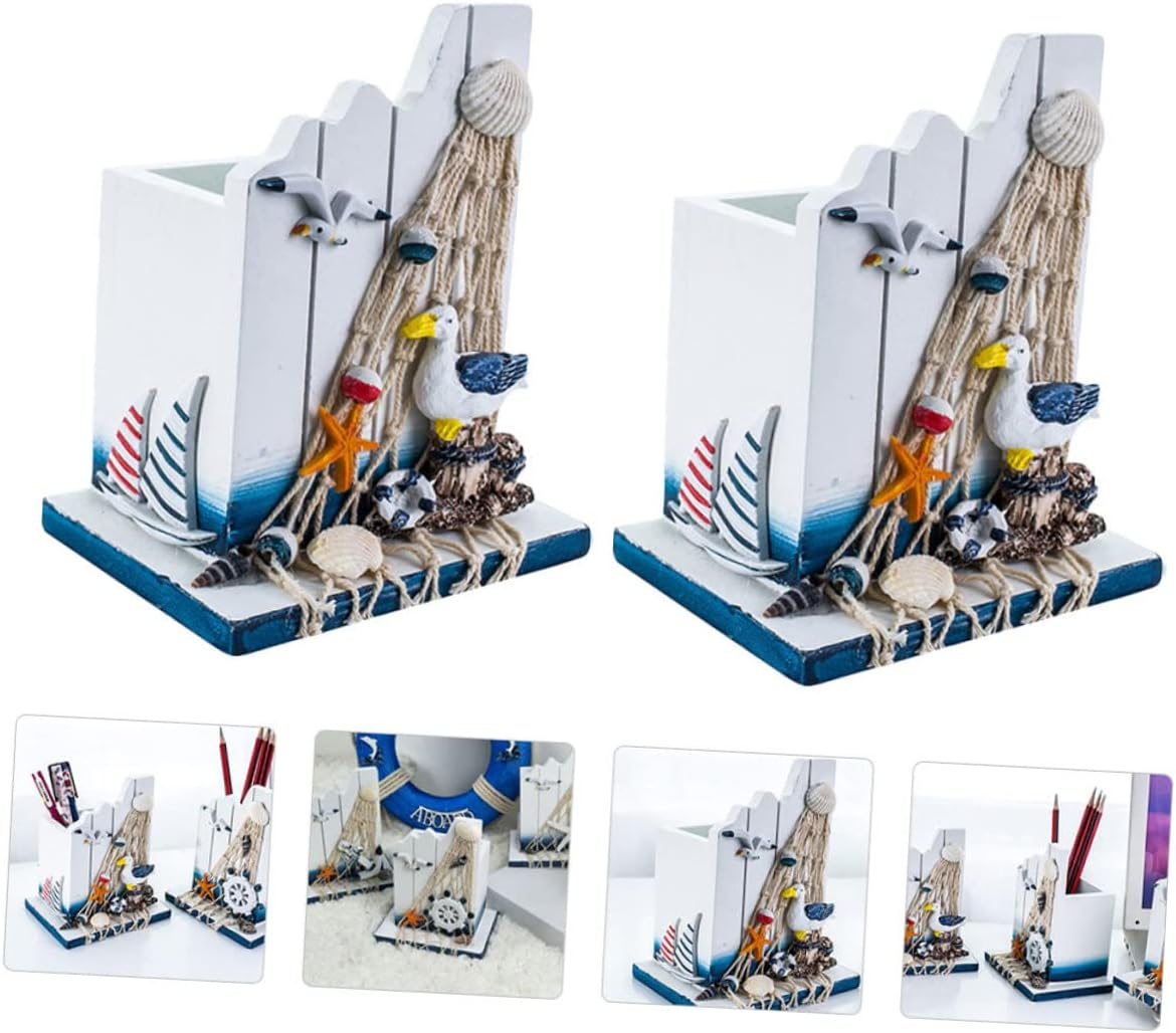 NUOBESTY 2Pcs Desk Pen Pencil Holder Wooden Mediterranean Style Stationery Organizer Capacity Office School Classroom Storage Box