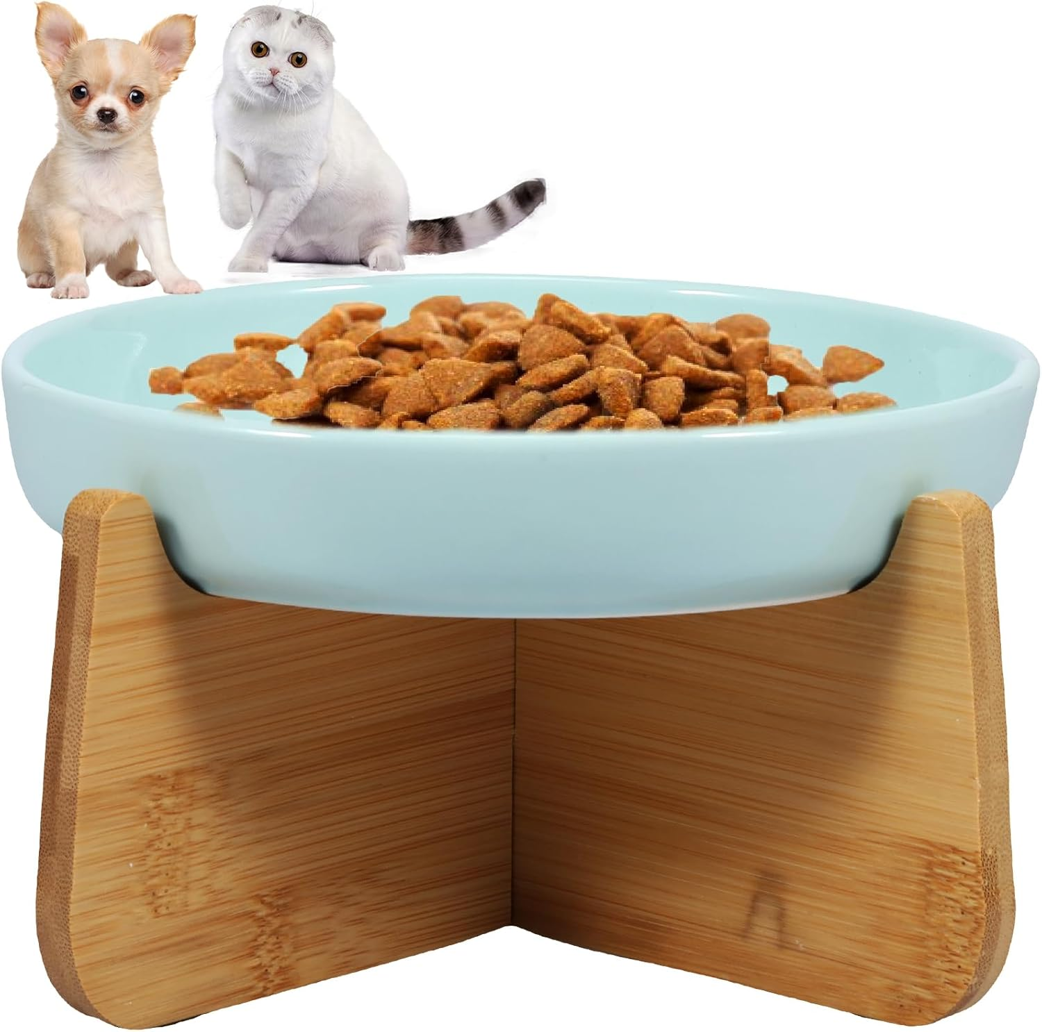 DJAPWPX Raised Cat Bowl with Wood Stand - Ceramic Elevated Cat Slow Feeder Bowl - anti Vomiting Non-Slip Slow Eating Dish Feeder (Light Green) - White image number 3
