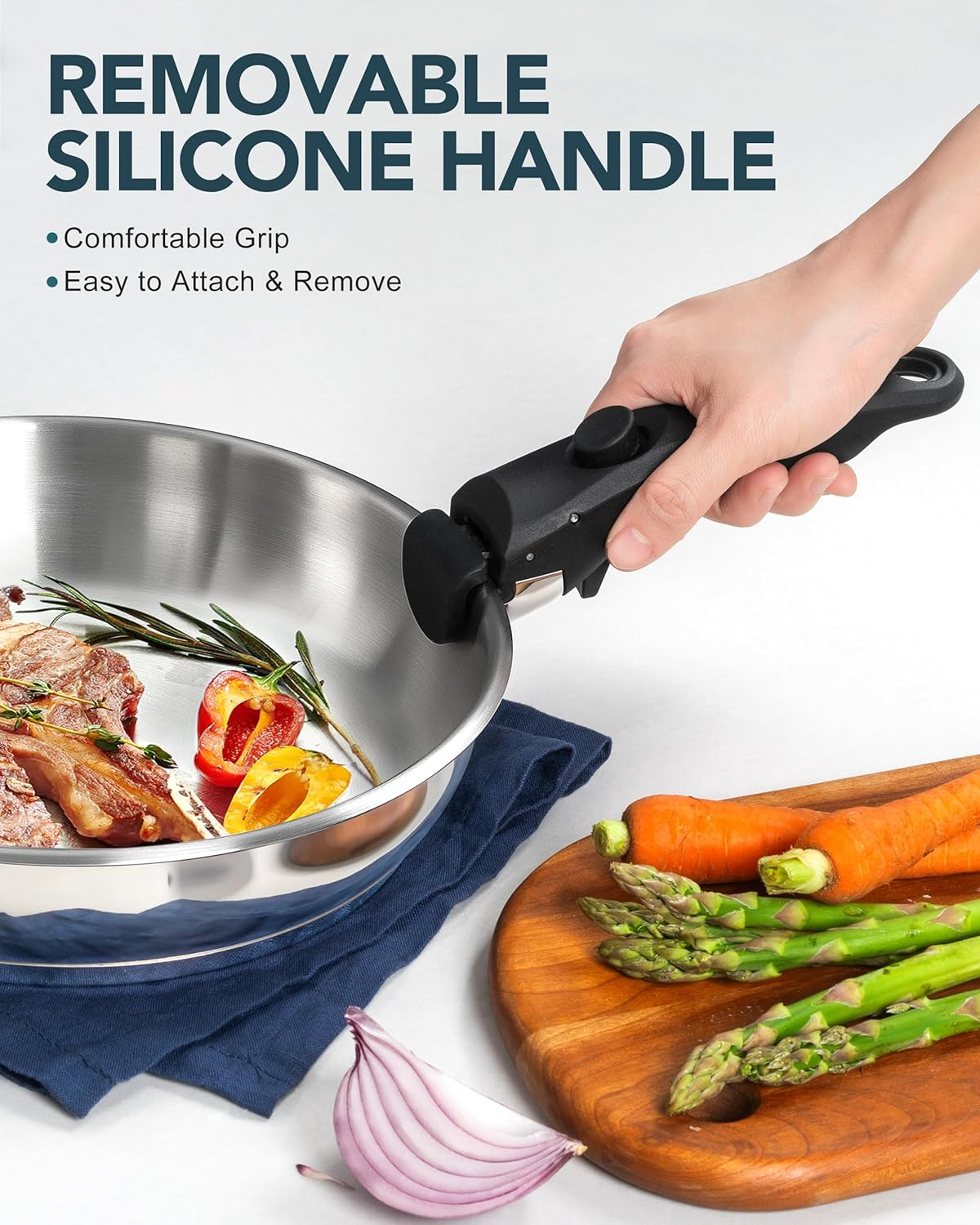 Michelangelo Stainless Steel Frying Pan Set, Cooking Pans with Removable Handle, Triply Base Stainless Steel Pan Set, Induction Compatible Skillet- 8" & 9.5" & 11" image number 2