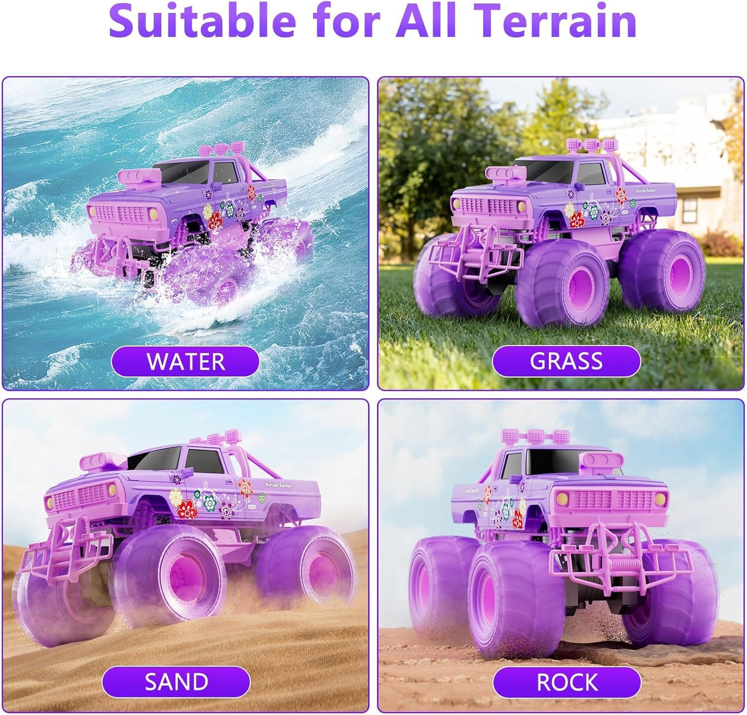 Remote Control Monster Truck for Girls- 1:16 Rc Car with 2 Batteries 2.4Ghz 4WD Off-Rock All Terrain Waterproof Amphibious Toys, for Christmas Birthday Gifts Presents Kids Boys Girls Ages 6+ image number 4