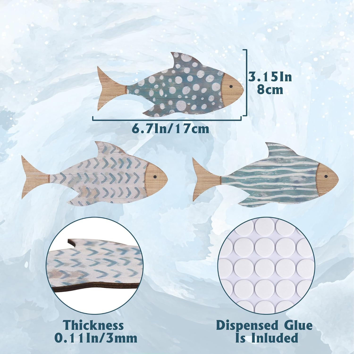 Walquicks 3 Pcs Wooden Fish Coastal Decor Set, Wall Decor Beach Themed Room Decor, Vintage Lake House Decor, Nautical Ocean Wooden Fish Wall Art Decor for Home Indoor Outdoor Bathroom Living Room image number 6