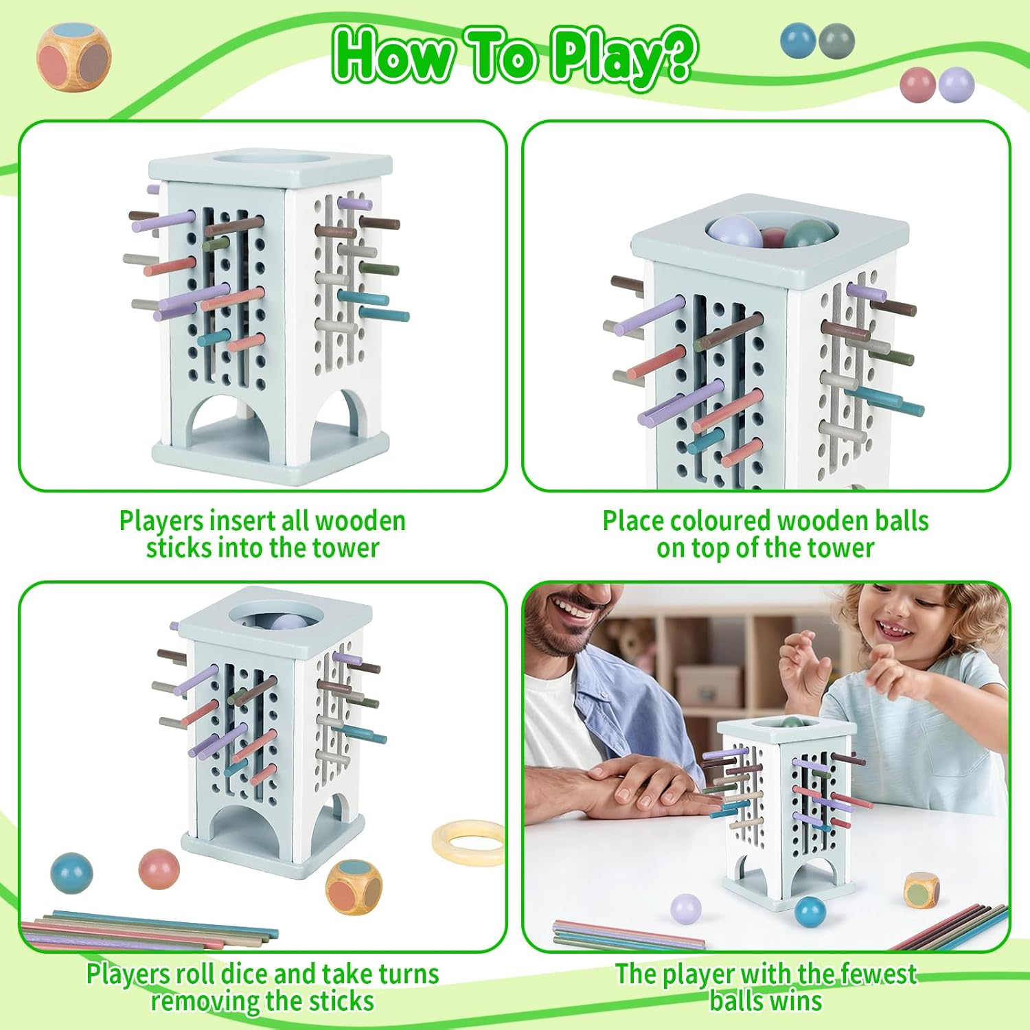 Math Learning Board Game for Kids & Family | Fine Motor Skills Toys with Wooden Sticks, Dice & Colorful Balls | Educational STEM Toy for Boys and Girls Ages 4-8 (Macaron Color) image number 2