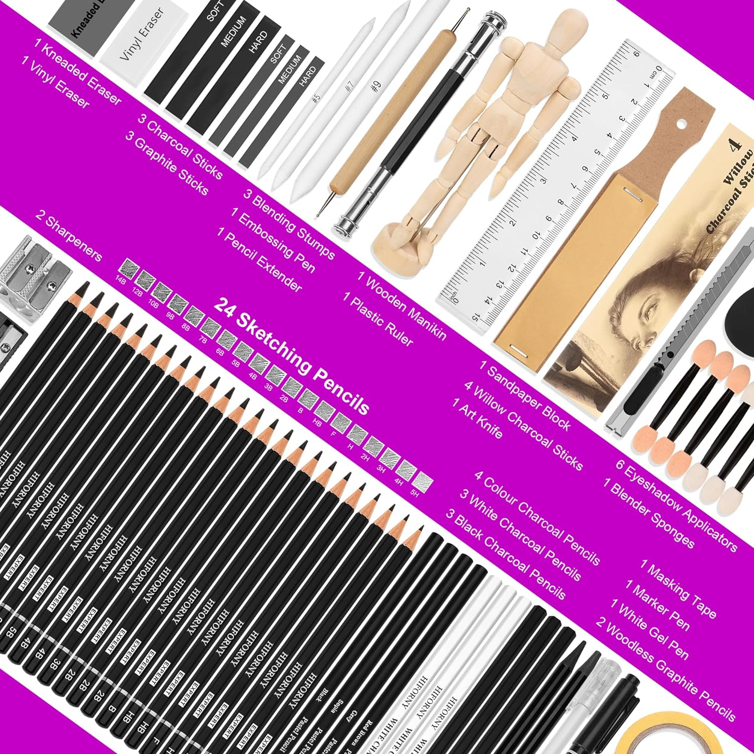 HIFORNY 70 Pcs Drawing Set Sketching Kit - Sketch Pencils Art Supplies for Adults Artists Kids with 3-Color Sketchbook,Graphite,Pastel,Charcoal Pencils,Blending Tools