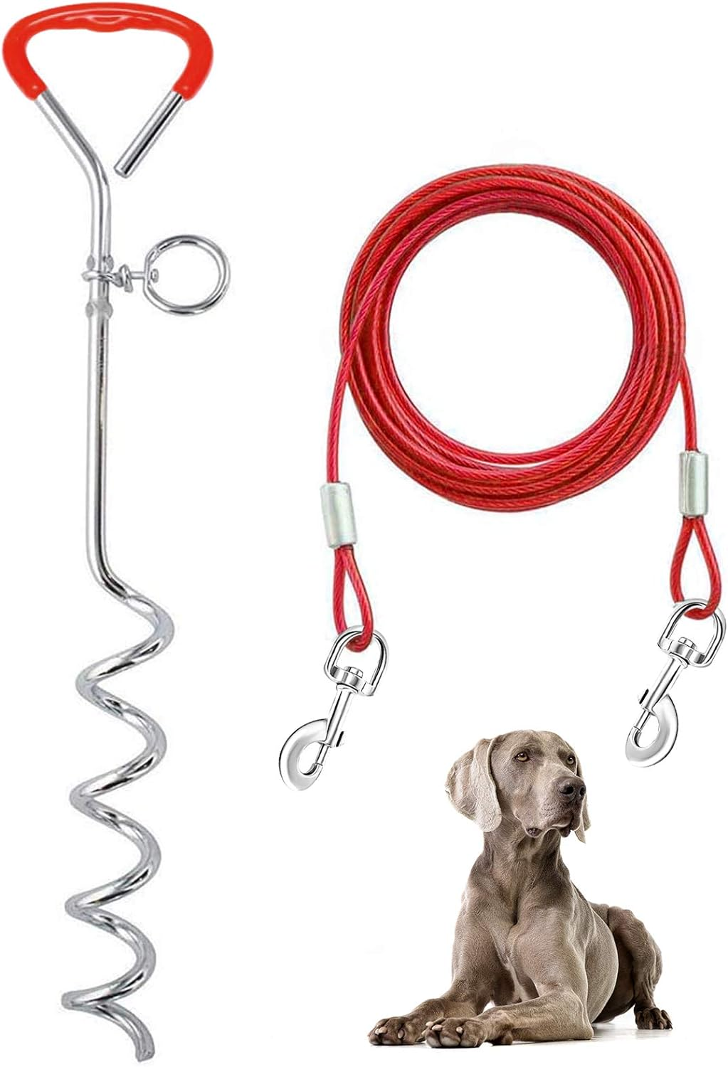 Dog Tie Out Cable and Stake 32 Ft Outdoor, Yard and Camping, for Medium to Large Dogs up to 125 Lbs, 16" Stake, 32 Ft Cable with Durable Spring and Metal Hooks for Outdoor