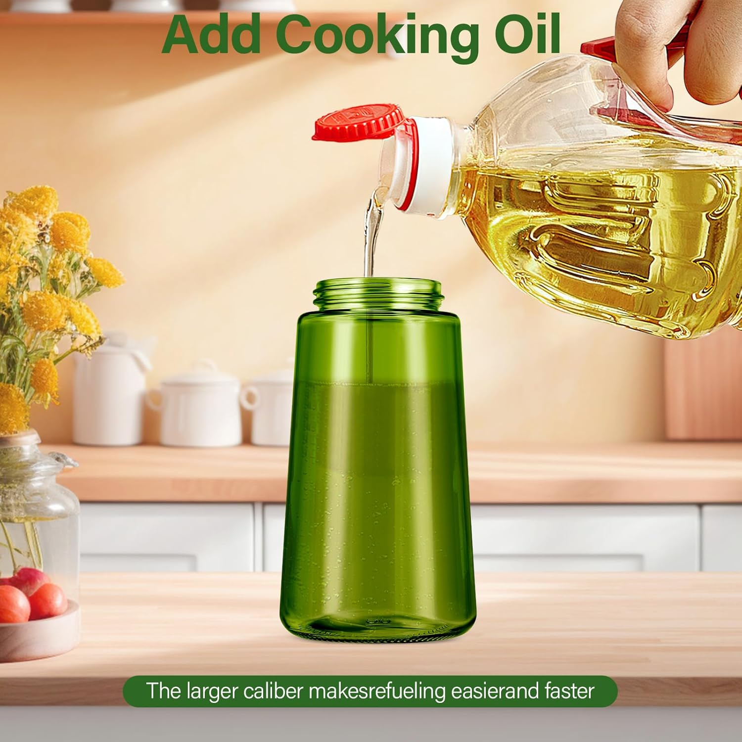 Tapvai Oil Sprayer 2 in 1 for Edible Oil 470Ml Light Blocking Dark Sprayer UV Protection for Kitchen Green Glass Bottles for Cooking image number 5