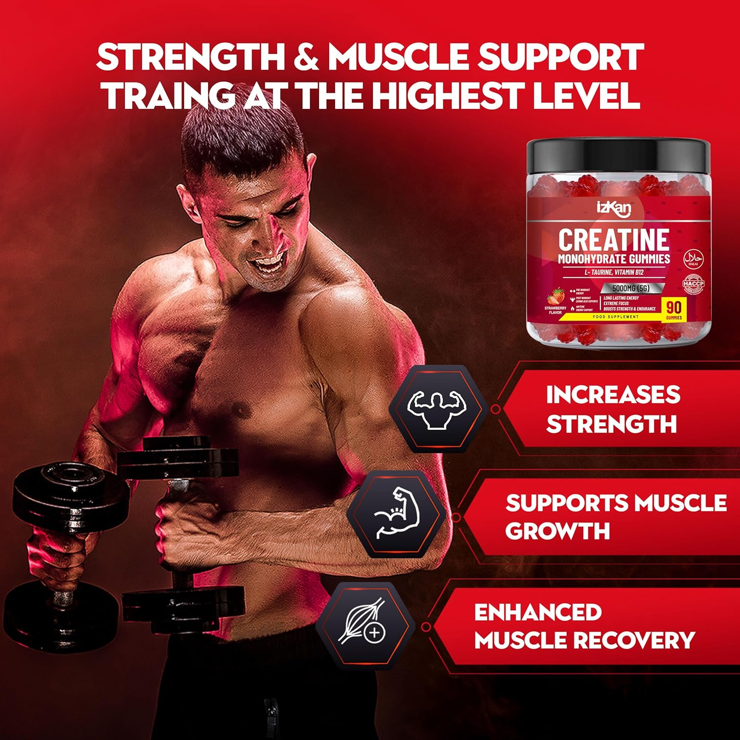 Pro Creatine Monohydrate Gummies 5G for Men & Women - 90 Chewable Creatine Gummies Strawberry Flavoured Gym Pre Workout Gym Supplement Vegan (1)