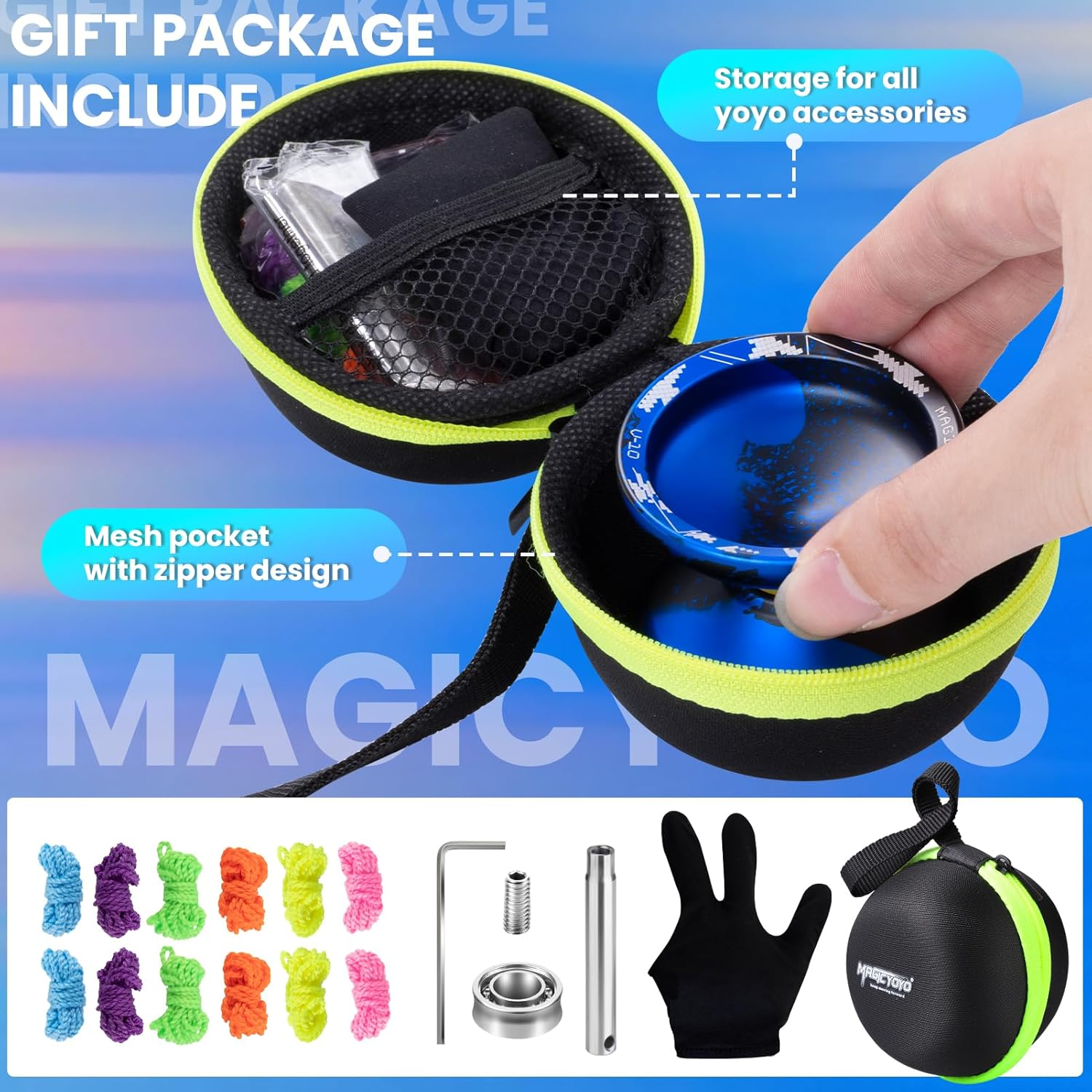 MAGICYOYO V10 Finger Spin Yoyo Professional Metal Trick Yoyo Responsive & Unresponsive Dual Purpose Yo Yo with Storage Case + Yo Yo Glove +12 Strings(Black Blue) image number 6